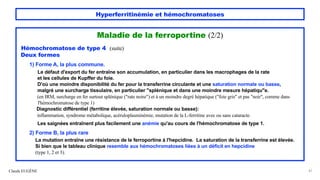 Hyperferritinémie et hémochromatoses
Maladie de la ferroportine (2/2)
Hémochromatose de type 4 (suite)
Deux formes
1) Forme A, la plus commune.
Le défaut d'export du fer entraîne son accumulation, en particulier dans les macrophages de la rate
et les cellules de Kupffer du foie.
D'où une moindre disponibilité du fer pour la transferrine circulante et une saturation normale ou basse,
malgré une surcharge tissulaire, en particulier "splénique et dans une moindre mesure hépatiqu"e.
(en IRM, surcharge en fer surtout splénique ("rate noire") et à un moindre degré hépatique ("foie gris" et pas "noir", comme dans
l'hémochromatose de type 1)
Diagnostic différentiel (ferritine élevée, saturation normale ou basse):
inflammation, syndrome métabolique, acéruloplasminémie, mutation de la L-ferritine avec ou sans cataracte.
Les saignées entraînent plus facilement une anémie qu'au cours de l'hémochromatose de type 1.
2) Forme B, la plus rare
La mutation entraîne une résistance de le ferroportine à l'hepcidine. La saturation de la transferrine est élevée.
Si bien que le tableau clinique resemble aux hémochromatoses liées à un déficit en hepcidine
(type 1, 2 et 3).
Claude EUGÈNE 47
 
