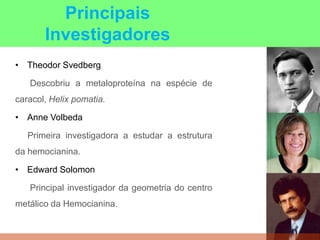 • Theodor Svedberg
Descobriu a metaloproteína na espécie de
caracol, Helix pomatia.
• Anne Volbeda
Primeira investigadora a estudar a estrutura
da hemocianina.
• Edward Solomon
Principal investigador da geometria do centro
metálico da Hemocianina.
Principais
Investigadores
 