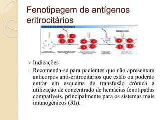 Fenotipagem de antígenos 
eritrocitários 
 Indicações 
Recomenda-se para pacientes que não apresentam 
anticorpos anti-eritrocitários que estão ou poderão 
entrar em esquema de transfusão crônica a 
utilização de concentrado de hemácias fenotipadas 
compatíveis, principalmente para os sistemas mais 
imunogênicos (Rh). 
 