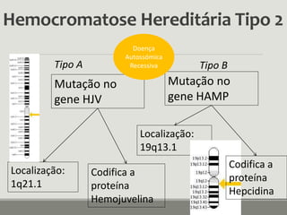 Hemocromatose Hereditária Tipo 2
Mutação no
gene HJV
Codifica a
proteína
Hemojuvelina
Localização:
1q21.1
Tipo A Tipo B
Mutação no
gene HAMP
Localização:
19q13.1
Codifica a
proteína
Hepcidina
Doença
Autossómica
Recessiva
 
