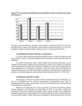 Figura Nº3: Porcentaje de positividad de los hemocultivos según el momento de la toma
de la muestra.
0
2
4
6
8
10
12
14
Grupo 1 Grupo 2 Grupo 3 Grupo 4
El grupo 1 está constituido por pacientes cuyas muestras se obtuvieron entre 12 a 2,5 horas
pre-peak febril. El grupo 2 por pacientes cuyas muestras se obtuvieron entre 2,5 y 0,5 horas
pre-peak. El grupo 3, durante el peak y el grupo 4, entre 1 a 12 horas post-peak (25).
4.2 MÉTODO DE OBTENCIÓN DE LA MUESTRA
La muestra debe obtenerse por punción periférica (venosa o arterial), siempre por una
nueva punción y debe ser la primera muestra que debe obtenerse si existe indicación de otros
exámenes.
La muestra obtenida por catéter venoso central en una muestra inadecuada, ya que
estudios de microscopía electrónica han revelado que el 100% de los catéteres se colonizan
con microorganismos de la piel a las 48 horas de instalados (25). Por esto, la recuperación de
microorganismos en el hemocultivo obtenido a través del catéter puede corresponder al
arrastre de las bacterias que están colonizando la superficie interna más que a la presencia de
bacterias en el torrente sanguíneo, con un aumento de los falsos positivos de 1,7 a 3,8% (10).
4.3 PREPARACIÓN DE LA PIEL
Este aspecto es esencial si se quiere evitar la contaminación de los hemocultivos, ya
que en la actualidad con los sistemas automatizados de hemocultivos que evitan la
manipulación de los mismos, prácticamente no existe la posibilidad de que los hemocultivos
se contaminen en el laboratorio.
Después de la palpación de la vena, la piel debe ser lavada con povidona yodada,
lavador quirúrgico, con gluconato de clorhexidina al 2-4% o con agua y jabón. La
desinfección de la piel se realiza con povidona yodada, tintura de yodo o con clorhexidina
alcohólica, según lo que se haya utilizado como lavador, aplicado en forma excéntrica desde el
sitio de punción elegido. Se debe esperar que el antiséptico se seque para que ejerza su acción
 