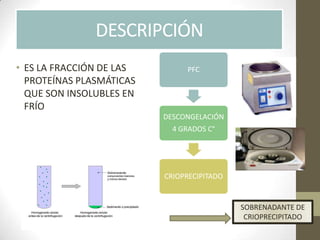 DESCRIPCIÓN
• ES LA FRACCIÓN DE LAS
PROTEÍNAS PLASMÁTICAS
QUE SON INSOLUBLES EN
FRÍO
PFC
DESCONGELACIÓN
4 GRADOS C°
CRIOPRECIPITADO
SOBRENADANTE DE
CRIOPRECIPITADO
 