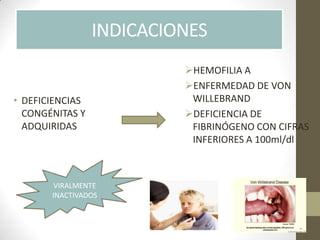 INDICACIONES
• DEFICIENCIAS
CONGÉNITAS Y
ADQUIRIDAS
HEMOFILIA A
ENFERMEDAD DE VON
WILLEBRAND
DEFICIENCIA DE
FIBRINÓGENO CON CIFRAS
INFERIORES A 100ml/dl
VIRALMENTE
INACTIVADOS
 
