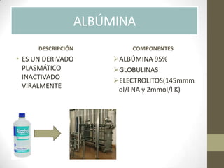 ALBÚMINA
• ES UN DERIVADO
PLASMÁTICO
INACTIVADO
VIRALMENTE
ALBÚMINA 95%
GLOBULINAS
ELECTROLITOS(145mmm
ol/l NA y 2mmol/l K)
DESCRIPCIÓN COMPONENTES
 