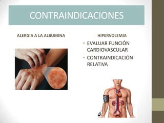 CONTRAINDICACIONES
• EVALUAR FUNCIÓN
CARDIOVASCULAR
• CONTRAINDICACIÓN
RELATIVA
ALERGIA A LA ALBUMINA HIPERVOLEMIA
 