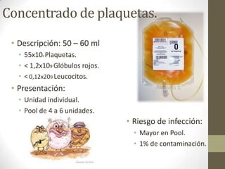 Concentrado de plaquetas.
• Descripción: 50 – 60 ml
• 55x109 Plaquetas.
• < 1,2x109 Glóbulos rojos.
• <0,12x209 Leucocitos.
• Presentación:
• Unidad individual.
• Pool de 4 a 6 unidades.
• Riesgo de infección:
• Mayor en Pool.
• 1% de contaminación.
 