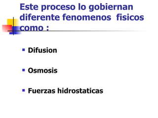 Este proceso lo gobiernan
diferente fenomenos fisicos
como :

   Difusion

   Osmosis

   Fuerzas hidrostaticas
 