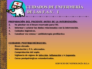 CUIDADOS DE ENFERMERÍA  DE LAS F.A.V.  I PREPARACIÓN DEL PACIENTE ANTES DE LA INTERVENCIÓN: No pinchar en el brazo reservado para FAV. Informar y aclarar las dudas relacionadas con la intervención. Cuidados higiénicos. Canalizar vía venosa + antibioterapia profiláctica CUIDADOS POSTRQUIRÚRGICOS: Brazo elevado. Hidratación y P.A. adecuadas. Comprobación del soplo. Vigilancia de signos de  infección ,  inflamación  y/o  isquemia . Curas postquirúrgicas estandarizadas. SERVICIO DE NEFROLOGÍA H.G.A . 