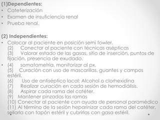 (1)Dependientes:
• Cateterización
• Examen de insuficiencia renal
• Prueba renal.
(2) Independientes:
• Colocar al paciente en posición semi fowler.
(2) Conectar al paciente con técnicas asépticas
(3) Valorar estado de las gasas, sitio de inserción, puntos de
fijación, presencia de exudado.
• (4) somatometria, monitorizar al px.
(5) Curación con uso de mascarillas, guantes y campos
estéril.
(6) Uso de antiséptico local: Alcohol o clorhexidina
(7) Realizar curación en cada sesión de hemodiálisis.
(8) Aspirar cada rama del catéter.
(9) Mantener pinzadas las ramas
(10) Conectar al paciente con ayuda de personal paramédico
(11) Al término de la sesión heparinizar cada rama del catéter,
sellarla con tapón estéril y cubrirlas con gasa estéril.
 