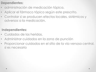 Dependientes:
• administración de medicación tópica.
• Aplicar el fármaco tópico según este prescrito.
• Controlar si se producen efectos locales, sistémicos y
adversos a la medicación.
Independientes:
• Cuidados de las heridas.
• Administrar cuidados en la zona de punción
• Proporcionar cuidados en el sitio de la vía venosa central,
si es necesario
 