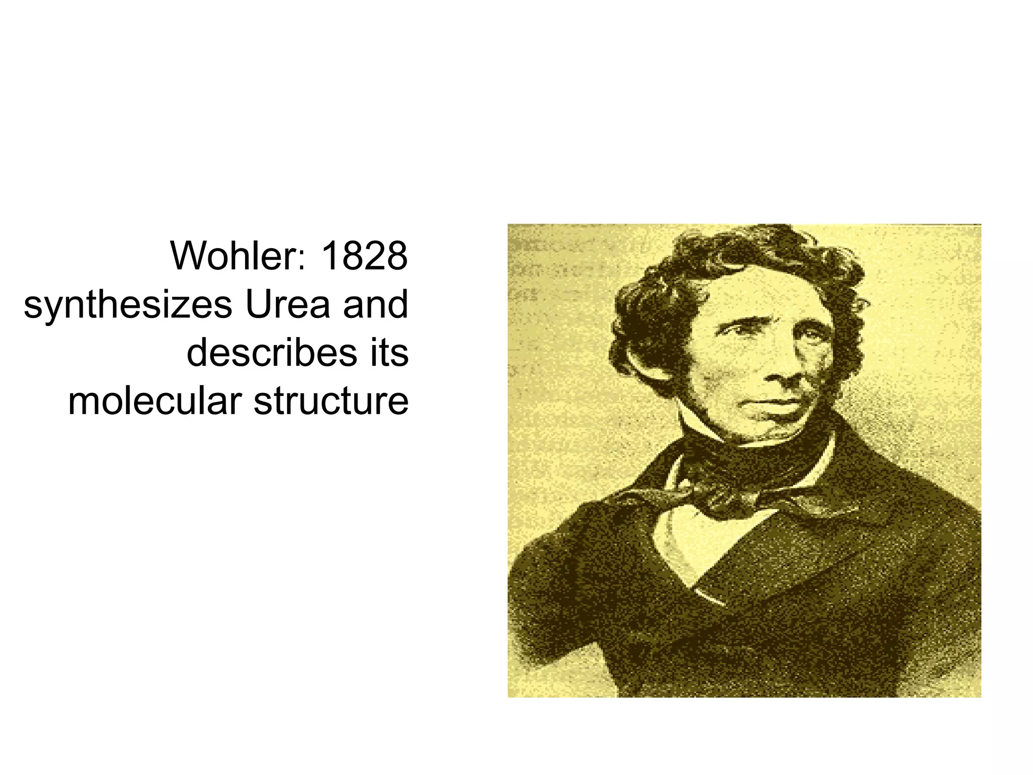 1828:Wohler
synthesizes Urea and
describes its
molecular structure
 