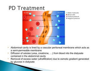 • Abdominal cavity is lined by a vascular peritoneal membrane which acts as
a semi-permeable membrane
• Diffusion of solutes (urea, creatinine, …) from blood into the dialysate
contained in the abdominal cavity
• Removal of excess water (ultrafiltration) due to osmotic gradient generated
by glucose in dialysate
 