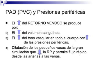 PAD (PVC) y Presiones periféricas
    El     del RETORNO VENOSO se produce
     por:
2)   El     del volumen sanguíneo.
3)   El     del tono vascular en todo el cuerpo con
             de las presiones periféricas.
4)   Dilatación de los pequeños vasos de la gran
     circulación que     la RP y permite flujo rápido
     desde las arterias a las venas.
 