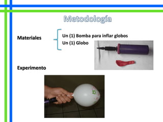 Materiales Un (1) Bomba para inflar globos 
Un (1) Globo 
Experimento 
 