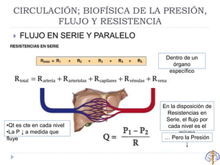 CIRCULACIÓN; BIOFÍSICA DE LA PRESIÓN,
FLUJO Y RESISTENCIA
 FLUJO EN SERIE Y PARALELO
Dentro de un
órgano
específico
En la disposición de
Resistencias en
Serie, el flujo por
cada nivel es el
mismo
… Pero la Presión
↓
•Qt es cte en cada nivel
•La P ↓ a medida que
fluye
 