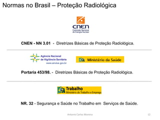 CNEN - NN 3.01 - Diretrizes Básicas de Proteção Radiológica.
Antonio Carlos Moreira
Normas no Brasil – Proteção Radiológica
Portaria 453/98. - Diretrizes Básicas de Proteção Radiológica.
NR. 32 - Segurança e Saúde no Trabalho em Serviços de Saúde.
12
 