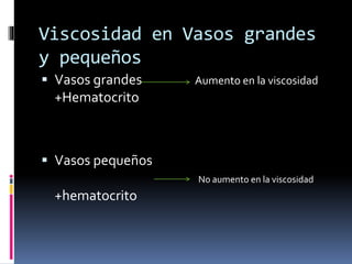 Viscosidad en Vasos grandes
y pequeños
 Vasos grandes Aumento en la viscosidad
+Hematocrito
 Vasos pequeños
No aumento en la viscosidad
+hematocrito
 