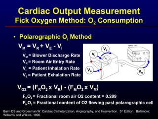 Cardiac Output Measurement
Fick Oxygen Method: O2 Consumption
• Polarographic O2 Method
VM = VR + VE - VI
VM = Blower Discharge Rate
VR = Room Air Entry Rate
VI = Patient Inhalation Rate
VE = Patient Exhalation Rate
VO2 = (FRO2 x VR) - (FMO2 x VM)
FRO2 = Fractional room air O2 content = 0.209
FMO2 = Fractional content of O2 flowing past polarographic cell
Baim DS and Grossman W. Cardiac Catheterization, Angiography, and Intervention. 5th
Edition. Baltimore:
Williams and Wilkins, 1996.
VR VM
VE
VI
 