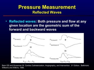 Baim DS and Grossman W. Cardiac Catheterization, Angiography, and Intervention. 5th
Edition. Baltimore:
Williams and Wilkins, 1996.
Pressure Measurement
Reflected Waves
• Reflected waves: Both pressure and flow at any
given location are the geometric sum of the
forward and backward waves
 