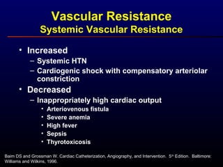 Baim DS and Grossman W. Cardiac Catheterization, Angiography, and Intervention. 5th
Edition. Baltimore:
Williams and Wilkins, 1996.
Vascular Resistance
Systemic Vascular Resistance
• Increased
– Systemic HTN
– Cardiogenic shock with compensatory arteriolar
constriction
• Decreased
– Inappropriately high cardiac output
• Arteriovenous fistula
• Severe anemia
• High fever
• Sepsis
• Thyrotoxicosis
 