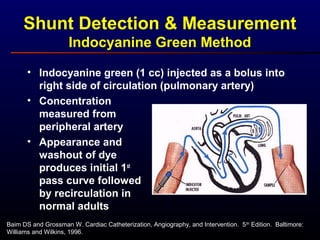 Shunt Detection & Measurement
Indocyanine Green Method
Baim DS and Grossman W. Cardiac Catheterization, Angiography, and Intervention. 5th
Edition. Baltimore:
Williams and Wilkins, 1996.
• Indocyanine green (1 cc) injected as a bolus into
right side of circulation (pulmonary artery)
• Concentration
measured from
peripheral artery
• Appearance and
washout of dye
produces initial 1st
pass curve followed
by recirculation in
normal adults
 