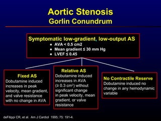 Aortic Stenosis
Gorlin Conundrum
Symptomatic low-gradient, low-output AS
● AVA < 0.5 cm2
● Mean gradient ≤ 30 mm Hg
● LVEF ≤ 0.45
deFilippi CR, et al. Am J Cardiol 1995; 75: 191-4.
Fixed AS
Dobutamine induced
increases in peak
velocity, mean gradient,
and valve resistance
with no change in AVA
Relative AS
Dobutamine induced
increases in AVA
(≥ 0.3 cm2
) without
significant change
in peak velocity, mean
gradient, or valve
resistance
No Contractile Reserve
Dobutamine induced no
change in any hemodynamic
variable
 