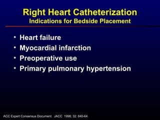 • Heart failure
• Myocardial infarction
• Preoperative use
• Primary pulmonary hypertension
Right Heart Catheterization
Indications for Bedside Placement
ACC Expert Consensus Document. JACC 1998; 32: 840-64.
 