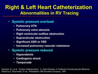 Right & Left Heart Catheterization
Abnormalities in RV Tracing
• Systolic pressure overload
– Pulmonary HTN
– Pulmonary valve stenosis
– Right ventricular outflow obstruction
– Supravalvular obstruction
– Significant ASD or VSD
– Increased pulmonary vascular resistance
• Systolic pressure reduced
– Hypovolemia
– Cardiogenic shock
– Tamponade
Davidson CJ, et al. Cardiac Catheterization. In: Heart Disease: A Textbook of Cardiovascular Medicine,
Edited by E. Braunwald, 5th
ed. Philadelphia: WB Saunders Company, 1997
 