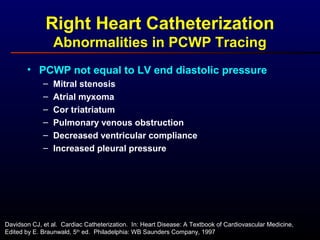 • PCWP not equal to LV end diastolic pressure
– Mitral stenosis
– Atrial myxoma
– Cor triatriatum
– Pulmonary venous obstruction
– Decreased ventricular compliance
– Increased pleural pressure
Right Heart Catheterization
Abnormalities in PCWP Tracing
Davidson CJ, et al. Cardiac Catheterization. In: Heart Disease: A Textbook of Cardiovascular Medicine,
Edited by E. Braunwald, 5th
ed. Philadelphia: WB Saunders Company, 1997
 