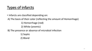 67
Types of infarcts
• Infarcts are classified depending on:
A) The basis of their color (reflecting the amount of Hemorrhage)
1) Hemorrhage (red)
2) White (anemic)
B) The presence or absence of microbial infection
1) Septic
2) Bland
 