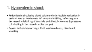 70
1. Hypovolemic shock
• Reduction in circulating blood volume which result in reduction in
preload lead to inadequate left ventricular filling, reflecting as a
decreased in left & right Ventricle end diastolic volume & pressure,
culminating in decreased cardiac out put
• Causes include hemorrhage, fluid loss from burns, diarrhea &
vomiting
 