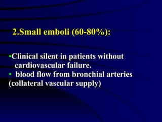 2.Small emboli (60-80%): Clinical silent in patients without  cardiovascular failure. blood flow from bronchial arteries (collateral vascular supply) 