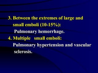 3. Between the extremes of large and  small emboli (10-15%): Pulmonary hemorrhage. 4. Multiple  small emboli: Pulmonary hypertension and vascular sclerosis. 