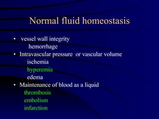 Normal fluid homeostasis vessel wall integrity  hemorrhage Intravascular pressure  or vascular volume ischemia hyperemia edema Maintenance of blood as a liquid thrombosis embolism infarction 