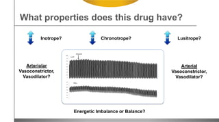 Inotrope?
What properties does this drug have?
Arteriolar
Vasoconstrictor,
Vasodilator?
Energetic Imbalance or Balance?
Chronotrope? Lusitrope?
Arterial
Vasoconstrictor,
Vasodilator?
 