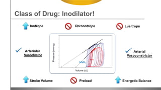 Inotrope
Class of Drug: Inodilator!
Arteriolar
Vasodilator
Energetic Balance
Chronotrope Lusitrope
Arterial
Vasoconstrictor
Stroke Volume
Pressure(mmHg)
Volume (uL)
Preload
 