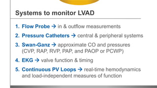 Systems to monitor LVAD
1. Flow Probe  in & outflow measurements
2. Pressure Catheters  central & peripheral systems
3. Swan-Ganz  approximate CO and pressures
(CVP, RAP, RVP, PAP, and PAOP or PCWP)
4. EKG  valve function & timing
5. Continuous PV Loops  real-time hemodynamics
and load-independent measures of function
 
