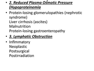 )• 2. Reduced Plasma Osmotic Pressure
(Hypoproteinemia
• Protein-losing glomerulopathies (nephrotic
syndrome)
Liver cirrhosis (ascites)
Malnutrition
Protein-losing gastroenteropathy
• 3. Lymphatic Obstruction
• Inflmmatory
Neoplastic
Postsurgical
Postirradiation
 
