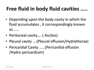 Free fluid in body fluid cavities …..
• Depending upon the body cavity in which the
fluid accumulates , it correspondingly known
as …..
• Peritoneal cavity…. ( Ascites)
• Pleural cavity ….(Pleural effusion/Hydrothorax)
• Pericardial Cavity ……(Pericardial effusion
/Hydro pericardium)
10/13/2018 15SUNIL KUMAR P
 