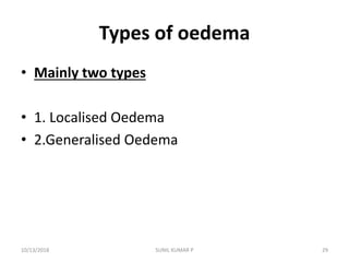 Types of oedema
• Mainly two types
• 1. Localised Oedema
• 2.Generalised Oedema
10/13/2018 29SUNIL KUMAR P
 