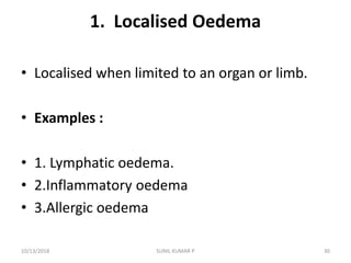 1. Localised Oedema
• Localised when limited to an organ or limb.
• Examples :
• 1. Lymphatic oedema.
• 2.Inflammatory oedema
• 3.Allergic oedema
10/13/2018 30SUNIL KUMAR P
 