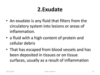 2.Exudate
• An exudate is any fluid that filters from the
circulatory system into lesions or areas of
inflammation.
• a fluid with a high content of protein and
cellular debris
• That has escaped from blood vessels and has
been deposited in tissues or on tissue
surfaces, usually as a result of inflammation
10/13/2018 35SUNIL KUMAR P
 