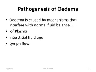 Pathogenesis of Oedema
• Oedema is caused by mechanisms that
interfere with normal fluid balance…..
• of Plasma
• Interstitial fluid and
• Lymph flow
10/13/2018 37SUNIL KUMAR P
 