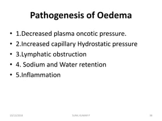 Pathogenesis of Oedema
• 1.Decreased plasma oncotic pressure.
• 2.Increased capillary Hydrostatic pressure
• 3.Lymphatic obstruction
• 4. Sodium and Water retention
• 5.Inflammation
10/13/2018 38SUNIL KUMAR P
 
