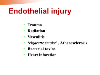 Endothelial injury
• Trauma
• Radiation
• Vasculitis
• ‘cigarette smoke’ , Atherosclerosis
• Bacterial toxins
• Heart infarction
 