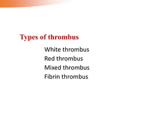 White thrombus
Red thrombus
Mixed thrombus
Fibrin thrombus
Types of thrombus
 