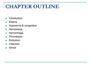 CHAPTER OUTLINE
 Introduction
 Edema
 Hyperemia & congestion
 Hemostasis
 Hemorrhage
 Thrombosis
 Embolism
 Infarction
 Shock
 