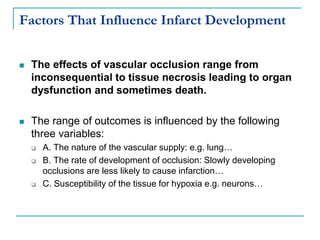 Factors That Influence Infarct Development
 The effects of vascular occlusion range from
inconsequential to tissue necrosis leading to organ
dysfunction and sometimes death.
 The range of outcomes is influenced by the following
three variables:
 A. The nature of the vascular supply: e.g. lung…
 B. The rate of development of occlusion: Slowly developing
occlusions are less likely to cause infarction…
 C. Susceptibility of the tissue for hypoxia e.g. neurons…
 