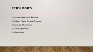 ETIOLOGIES
1. Increased Hydrostatic Pressure
2. Reduced Plasma Osmotic Pressure
3. Lymphatic Obstruction
4. Sodium Retention
5. Inflammation
 