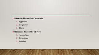 1.IncreaseTissue FluidVolumes
1. Hyperemia
2. Congestion
3. Edema
2.DecreaseTissue Blood Flow
1. Hemorrhage
2. Thrombosis
3. Embolism
 